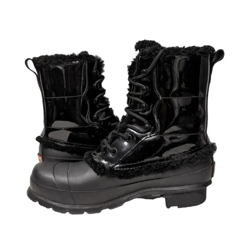 HUNTER Original Patent Leather Shearling Lined Lace Up Boot 7